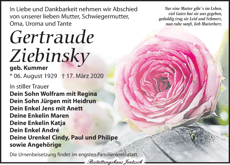  Traueranzeige für Gertraude Ziebinsky vom 21.03.2020 aus Leipziger Volkszeitung