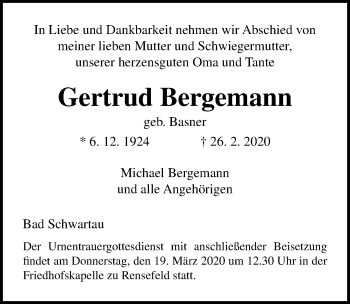 Traueranzeige von Gertrud Bergemann von Lübecker Nachrichten