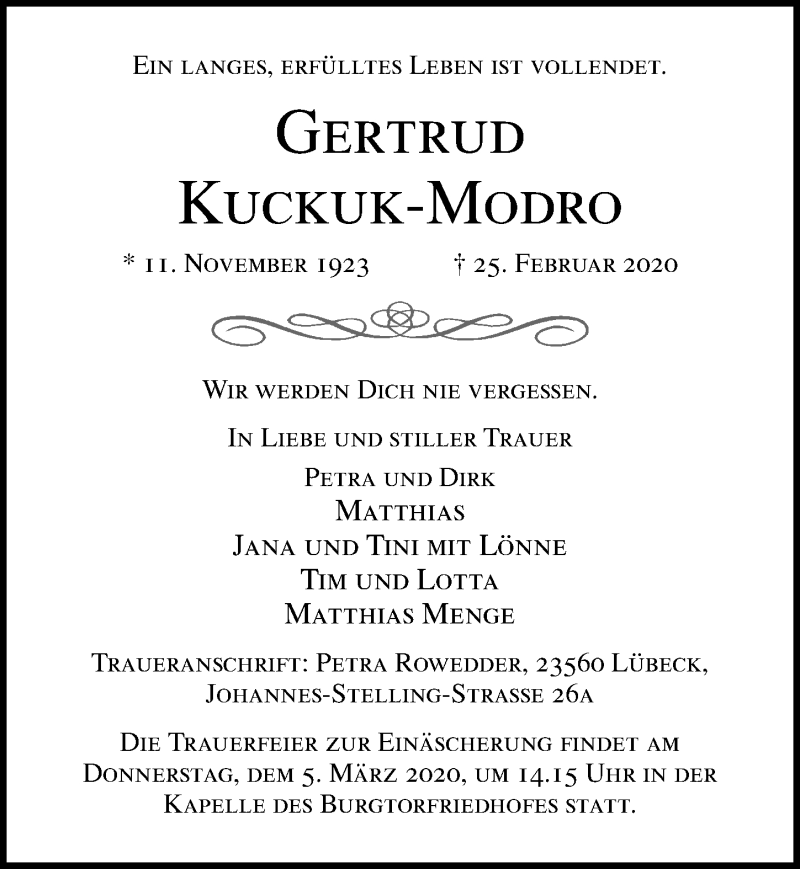  Traueranzeige für Gertrud Kuckuk-Modro vom 01.03.2020 aus Lübecker Nachrichten