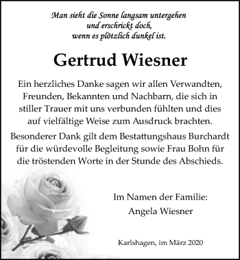 Traueranzeige von Gertrud Wiesner von Ostsee-Zeitung GmbH
