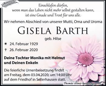 Traueranzeige von Gisela Barth von Leipziger Volkszeitung