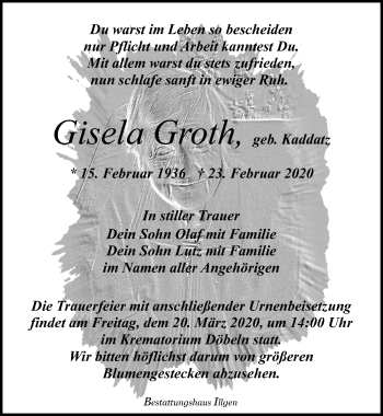 Traueranzeige von Gisela Groth von Leipziger Volkszeitung