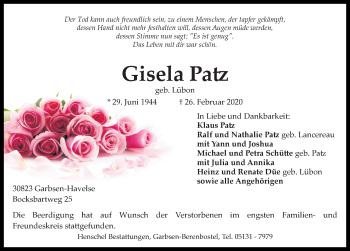 Traueranzeige von Gisela Patz von Hannoversche Allgemeine Zeitung/Neue Presse