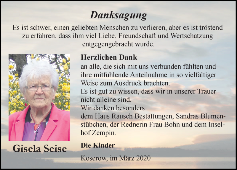  Traueranzeige für Gisela Seise vom 14.03.2020 aus Ostsee-Zeitung GmbH