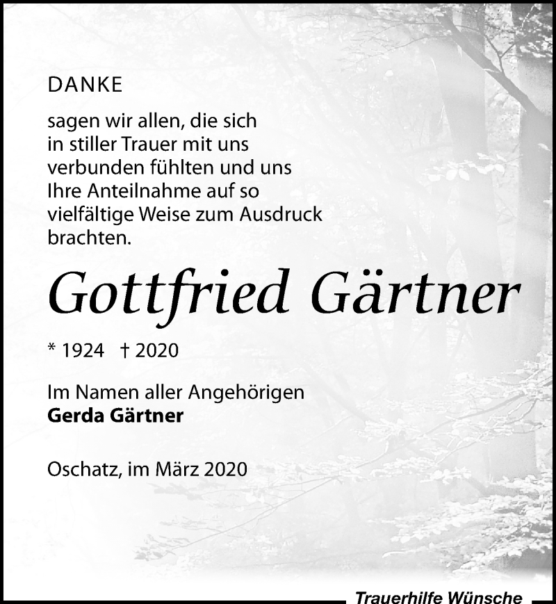  Traueranzeige für Gottfried Gärtner vom 14.03.2020 aus Leipziger Volkszeitung