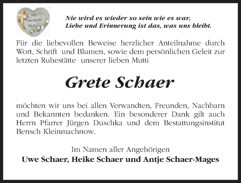 Traueranzeige für Grete Schaer vom 28.03.2020 aus Märkischen Allgemeine Zeitung