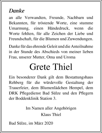 Traueranzeige von Grete Thiel von Ostsee-Zeitung GmbH
