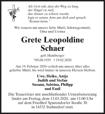 Traueranzeige von Grete Leopoldine Schaer von Märkischen Allgemeine Zeitung