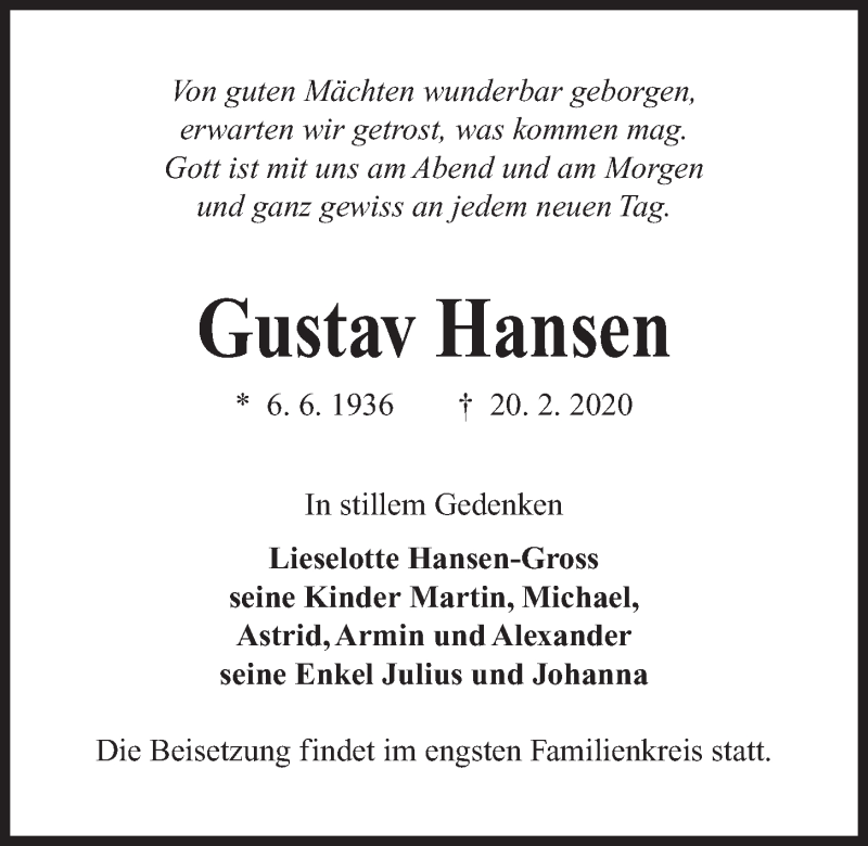  Traueranzeige für Gustav Hansen vom 04.03.2020 aus Kieler Nachrichten