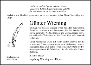 Traueranzeige von Günter Wiening von Ostsee-Zeitung GmbH