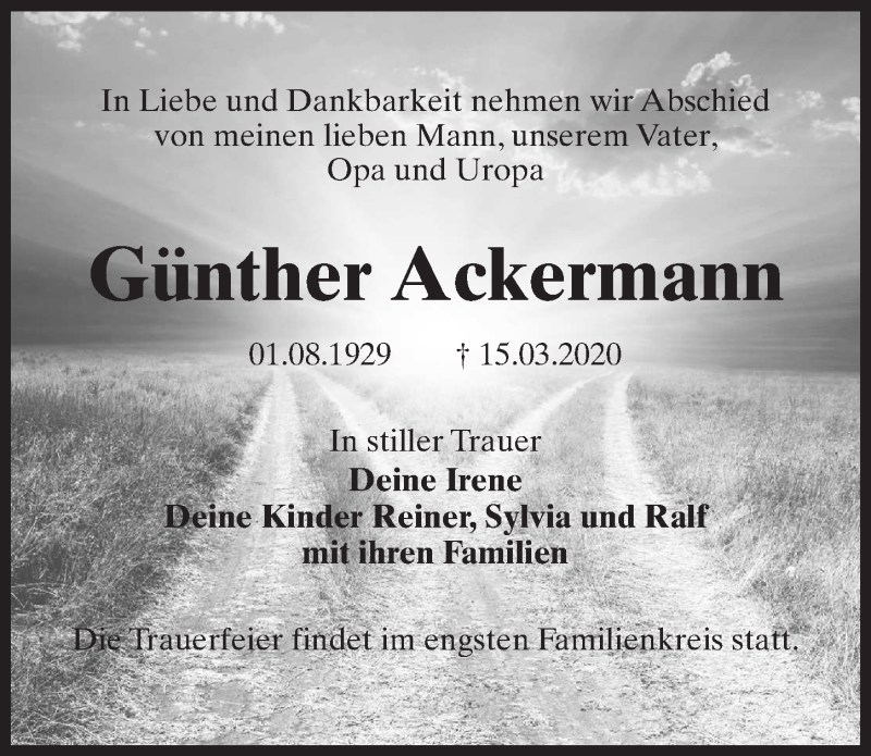  Traueranzeige für Günther Ackermann vom 28.03.2020 aus Märkischen Allgemeine Zeitung