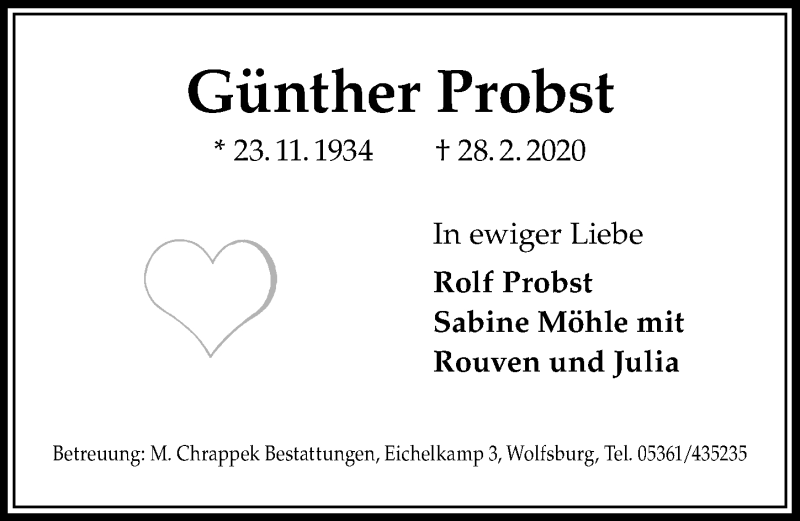  Traueranzeige für Günther Probst vom 04.03.2020 aus Aller Zeitung