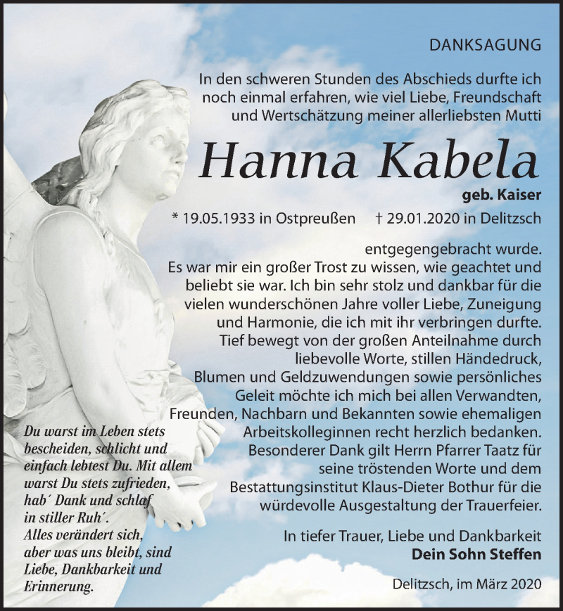  Traueranzeige für Hanna Kabela vom 07.03.2020 aus Leipziger Volkszeitung