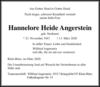 Traueranzeige von Hannelore Heide Angerstein von Lübecker Nachrichten