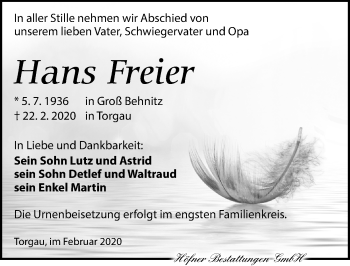 Traueranzeige von Hans Freier von Torgauer Zeitung