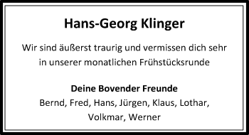 Traueranzeige von Hans-Georg Klinger von Göttinger Tageblatt