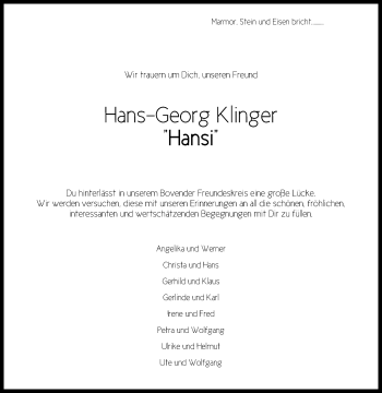 Traueranzeige von Hans-Georg Klinger von Göttinger Tageblatt