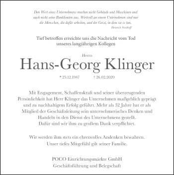 Traueranzeige von Hans-Georg Klinger von Göttinger Tageblatt