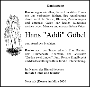 Traueranzeige von Hans Göbel von Märkischen Allgemeine Zeitung