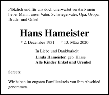 Traueranzeige von Hans Hameister von Lübecker Nachrichten
