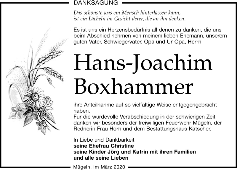  Traueranzeige für Hans-Joachim Boxhammer vom 28.03.2020 aus Leipziger Volkszeitung