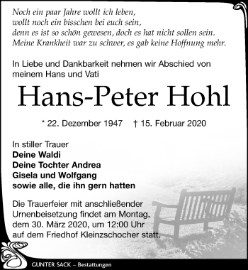 Traueranzeige von Hans-Peter Hohl von Leipziger Volkszeitung