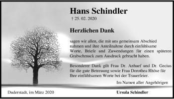 Traueranzeige von Hans Schindler von Eichsfelder Tageblatt