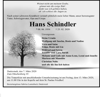 Traueranzeige von Hans Schindler von Eichsfelder Tageblatt