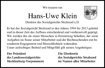 Traueranzeige von Hans-Uwe Klein von Ostsee-Zeitung GmbH