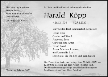 Traueranzeige von Harald Köpp von Ostsee-Zeitung GmbH