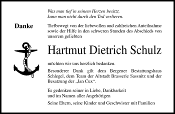 Traueranzeige von Hartmut Dietrich Schulz von Ostsee-Zeitung GmbH
