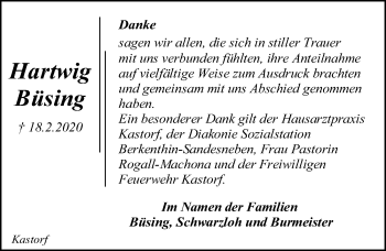Traueranzeige von Hartwig Büsing von Lübecker Nachrichten