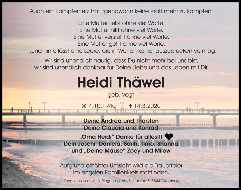  Traueranzeige für Heidi Thäwel vom 21.03.2020 aus Aller Zeitung