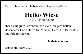 Traueranzeige von Heiko Wiese von Kieler Nachrichten