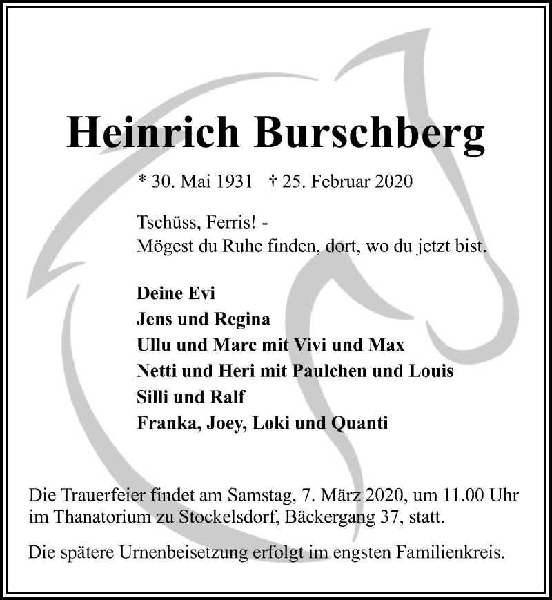  Traueranzeige für Heinrich Burschberg vom 01.03.2020 aus Lübecker Nachrichten
