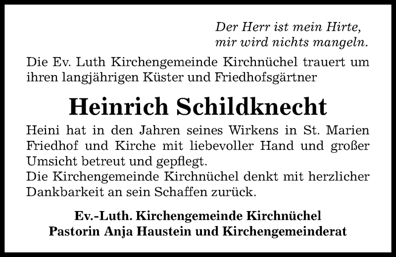  Traueranzeige für Heinrich Schildknecht vom 21.03.2020 aus Kieler Nachrichten