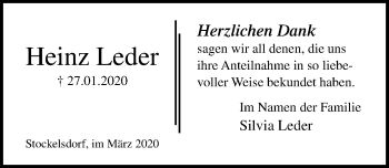 Traueranzeige von Heinz Leder von Lübecker Nachrichten