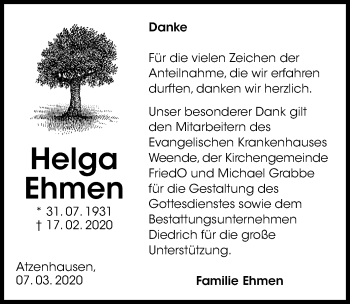 Traueranzeige von Helga Ehmen von Göttinger Tageblatt