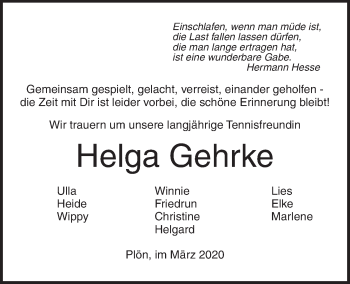 Traueranzeige von Helga Gehrke von Kieler Nachrichten