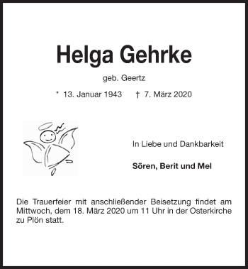 Traueranzeige von Helga Gehrke von Kieler Nachrichten