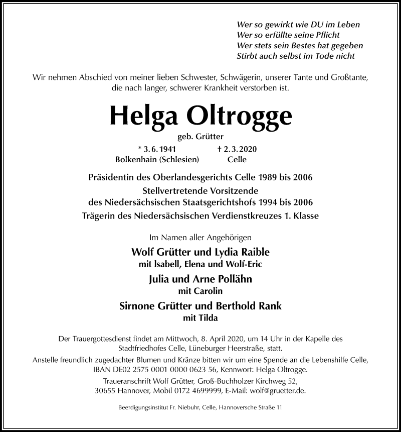  Traueranzeige für Helga Oltrogge vom 07.03.2020 aus Hannoversche Allgemeine Zeitung/Neue Presse