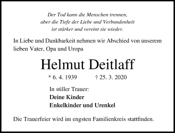 Traueranzeige von Helmut Deitlaff von Lübecker Nachrichten
