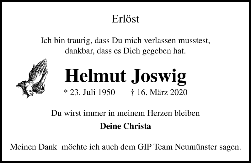  Traueranzeige für Helmut Joswig vom 22.03.2020 aus Lübecker Nachrichten