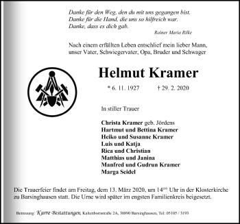 Traueranzeige von Helmut Kramer von Hannoversche Allgemeine Zeitung/Neue Presse