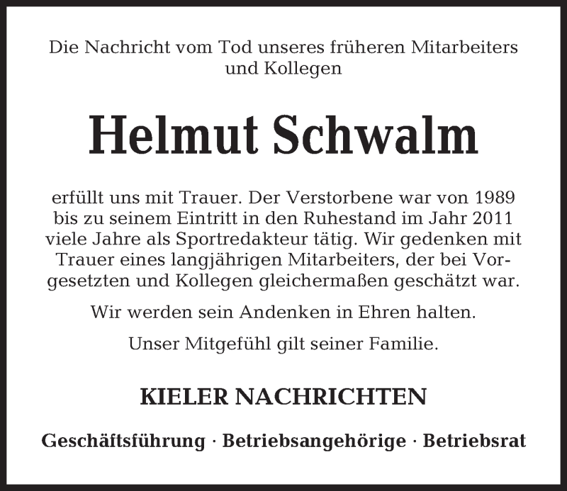  Traueranzeige für Helmut Schwalm vom 28.03.2020 aus Kieler Nachrichten
