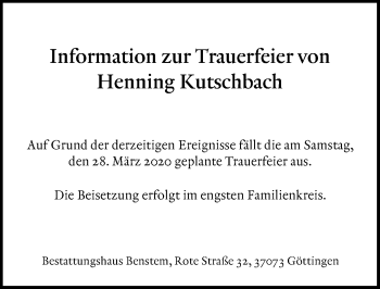 Traueranzeige von Henning Kutschbach von Göttinger Tageblatt