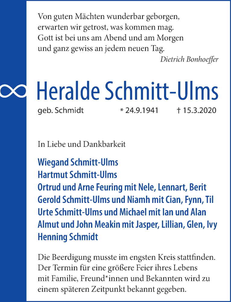  Traueranzeige für Heralde Schmitt-Ulms vom 21.03.2020 aus Hannoversche Allgemeine Zeitung/Neue Presse