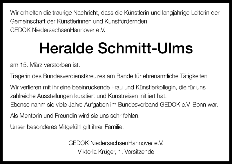  Traueranzeige für Heralde Schmitt-Ulms vom 21.03.2020 aus Hannoversche Allgemeine Zeitung/Neue Presse