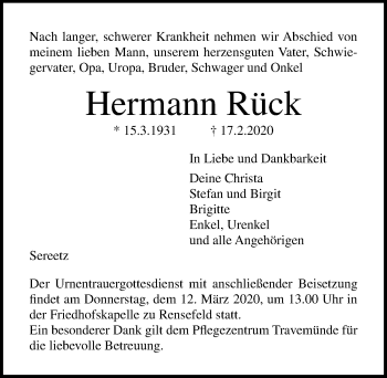 Traueranzeige von Hermann Rück von Lübecker Nachrichten