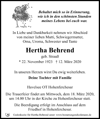 Traueranzeige von Hertha Behrend von Märkischen Allgemeine Zeitung